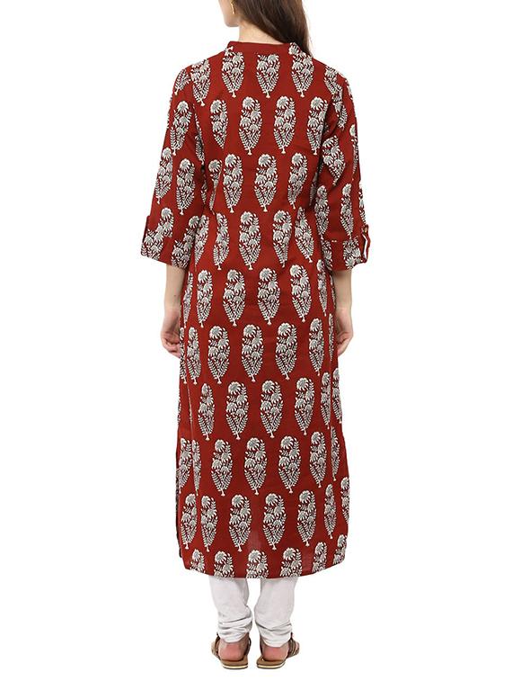 brown cotton printed straight kurta - 12512401 - Zoom Image - 3