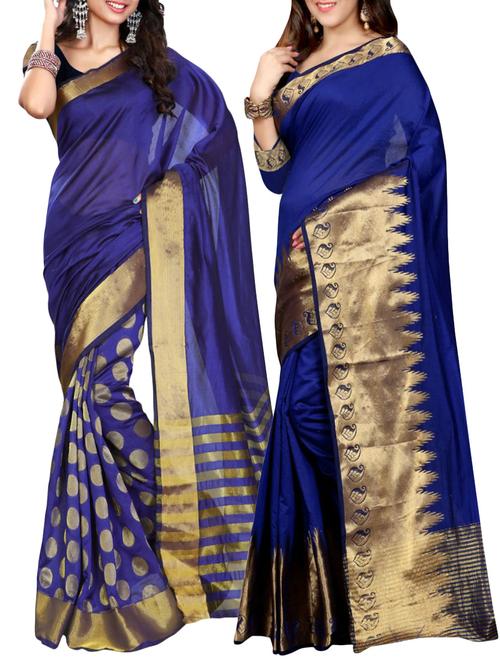 Blue cotton blend banarasi saree combo with blouse - 12568448 - Very Small Image - 1