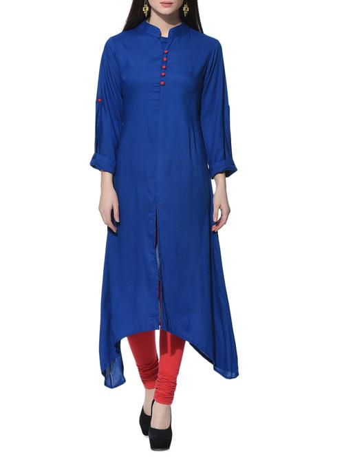 Royal blue Asymmetric solid Kurta - 12648597 - Standard Image - 1