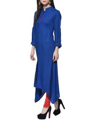 Royal blue Asymmetric solid Kurta - 12648597 - Standard Image - 3