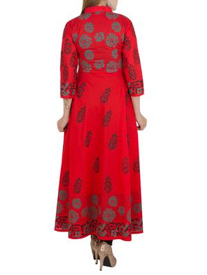 red cotton printed flared kurta - 12838407 - Standard Image - 3