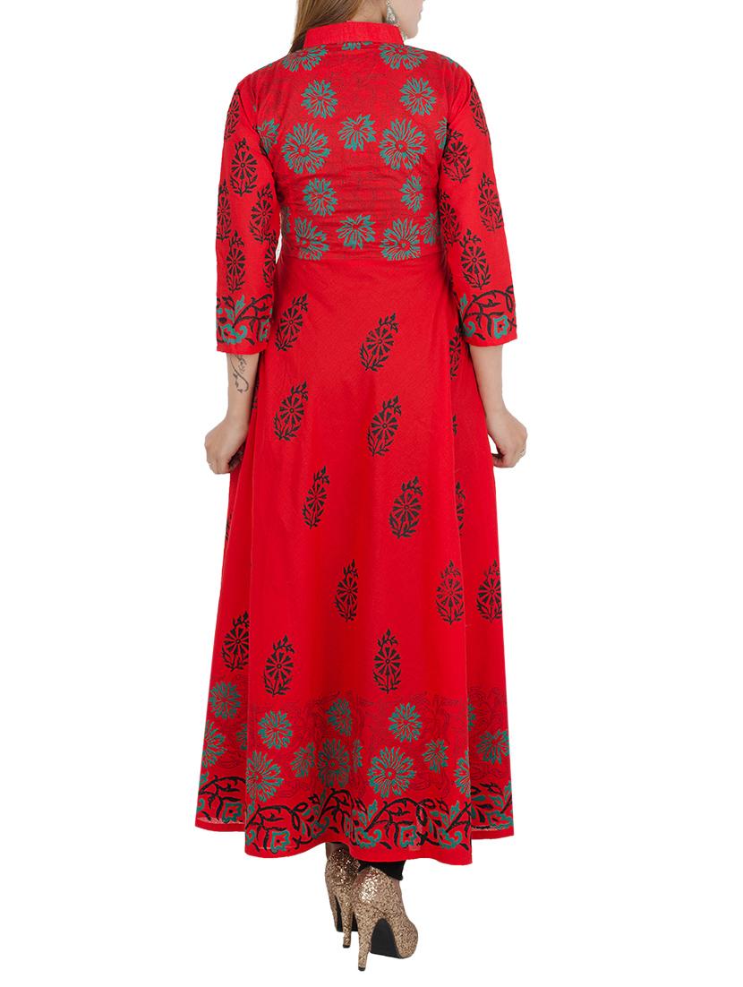 red cotton printed flared kurta - 12838407 - Zoom Image - 3