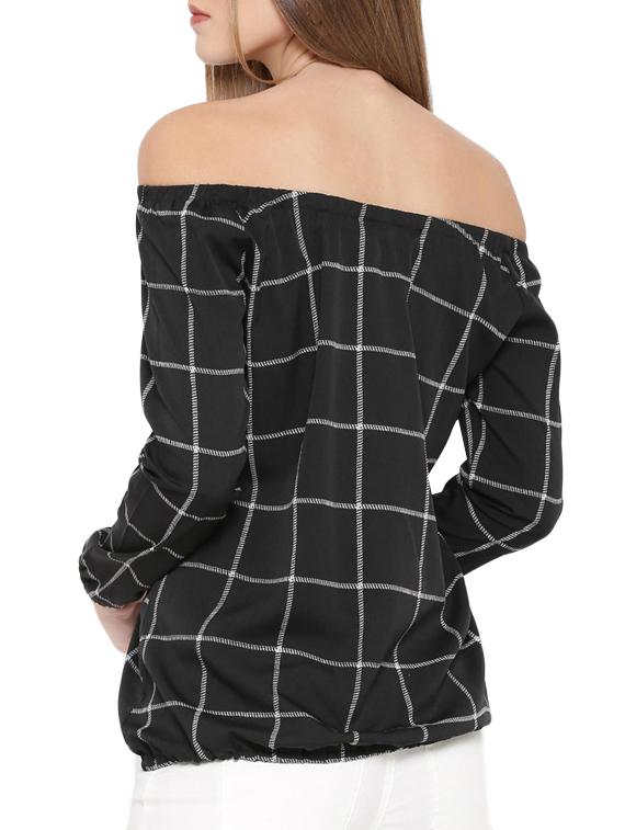 off shoulder checkered blouson top - 12903797 - Zoom Image - 3