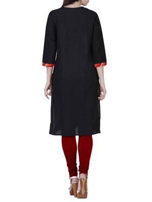 black cotton embroidered straight kurta - 12950160 - Standard Image - 3