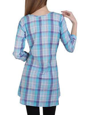 sky blue cotton checks printed a-line kurti - 12951555 - Standard Image - 3