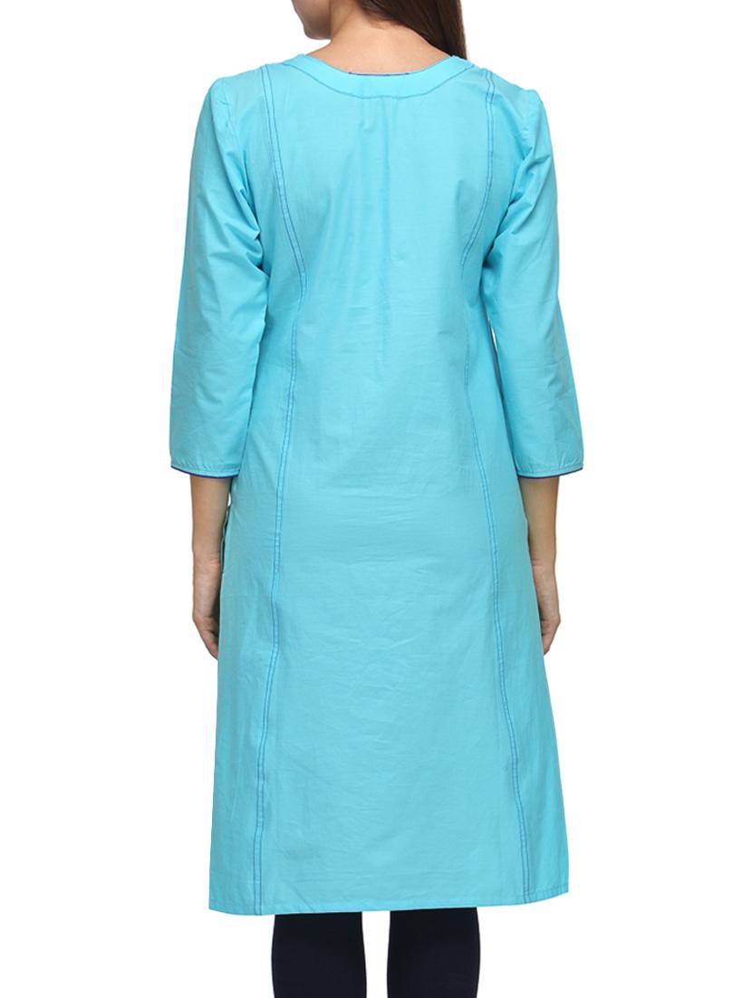 blue cotton round neck kurta - 1296407 - Zoom Image - 3