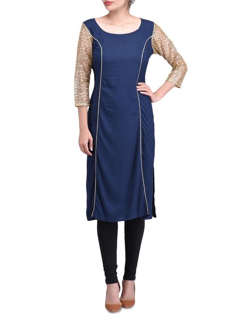 blue cotton straight kurta - 1300940 - Standard Image - 1
