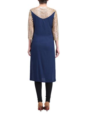 blue cotton straight kurta - 1300940 - Standard Image - 3