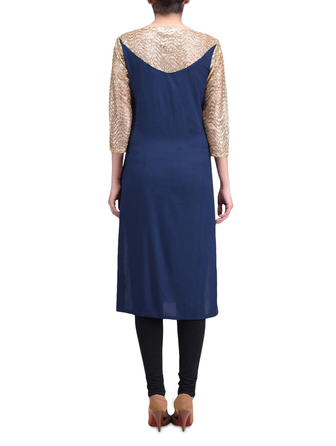 blue cotton straight kurta - 1300940 - Zoom Image - 3
