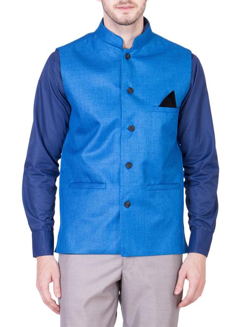 solid blue cotton nehru jacket - 13087054 - Standard Image - 1