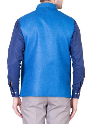 solid blue cotton nehru jacket - 13087054 - Standard Image - 3