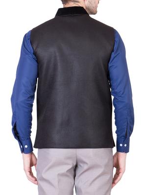 solid charcoal grey cotton nehru jacket - 13087057 - Standard Image - 3