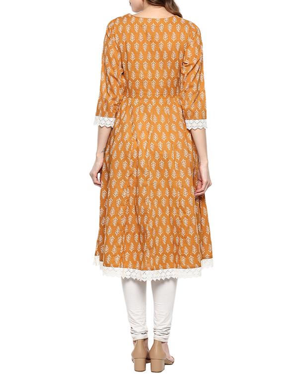orange cotton block printed a-line kurta - 13160546 - Zoom Image - 3