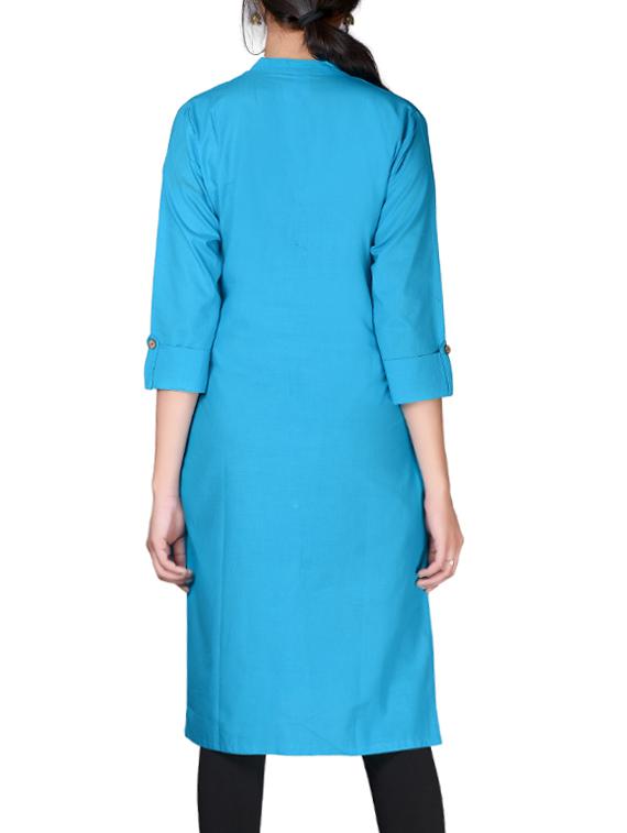 blue cotton straight solid kurta - 13160571 - Zoom Image - 3