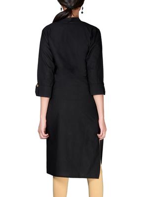 black cotton straight kurta solid with roll up sleeve - 13160575 - Standard Image - 3