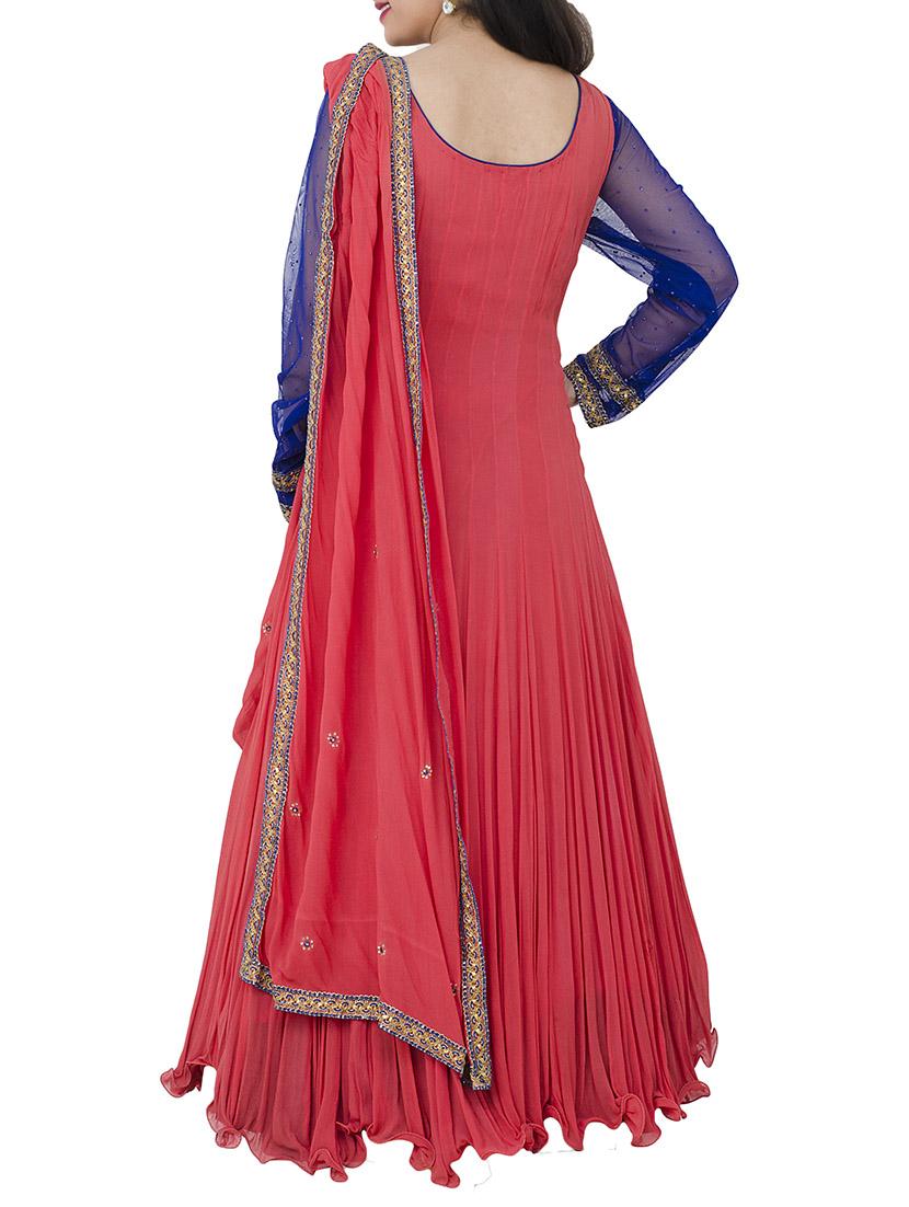 pink georgette flared suits stitched suit - 13196157 - Zoom Image - 3