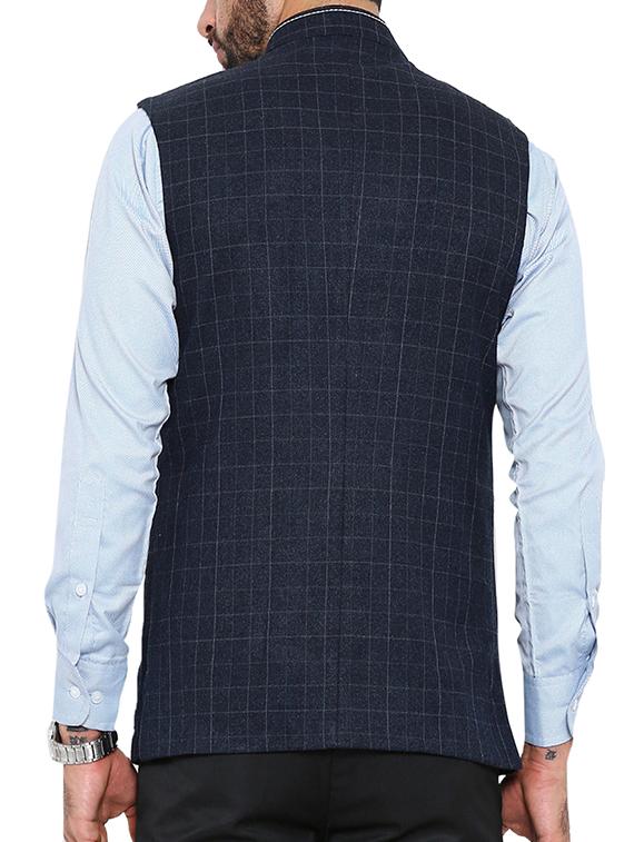navy blue cotton nehru jacket - 13207000 - Zoom Image - 3