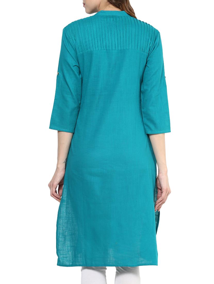 blue cotton blend straight solid kurta - 13290287 - Zoom Image - 3