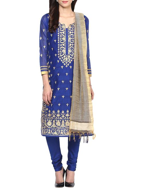 blue chanderi embroidered stitched churidaar suit - 13296928 - Standard Image - 1