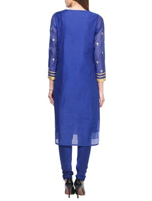 blue chanderi embroidered stitched churidaar suit - 13296928 - Standard Image - 3