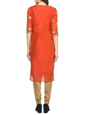 orange chanderi embroidered stitched churidaar suit - 13296929 - Standard Image - 3