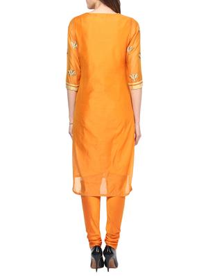 orange chanderi embroidered stitched churidaar suit - 13296937 - Standard Image - 3