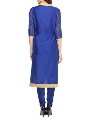 blue chanderi embroidered stitched churidaar suit - 13296938 - Standard Image - 3
