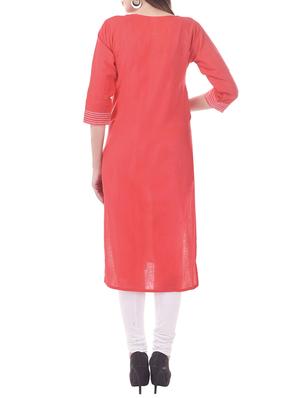 peach cotton straight solid kurta - 13343966 - Standard Image - 3