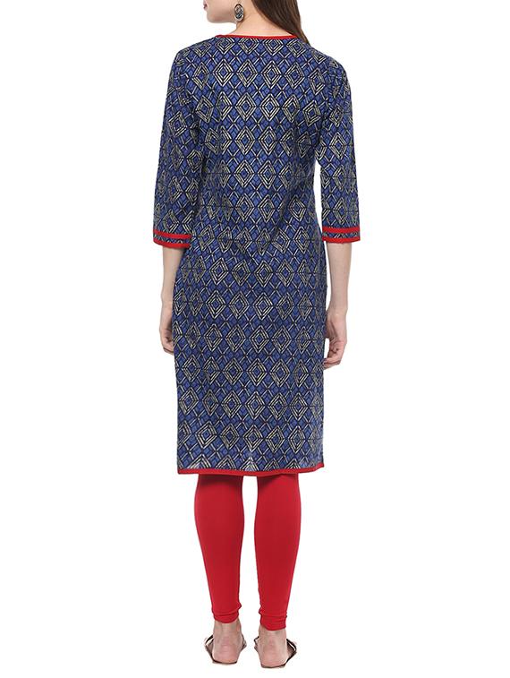 blue cotton straight kurta - 13367121 - Zoom Image - 3