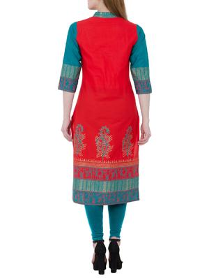 red and blue cotton straight kurta - 13371898 - Standard Image - 3