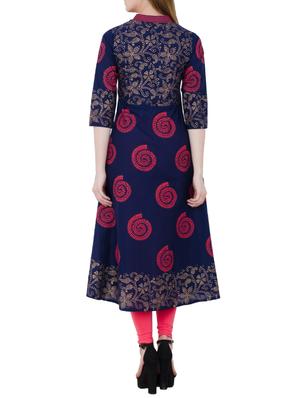 midnight blue cotton block printed flared kurta - 13371900 - Standard Image - 3
