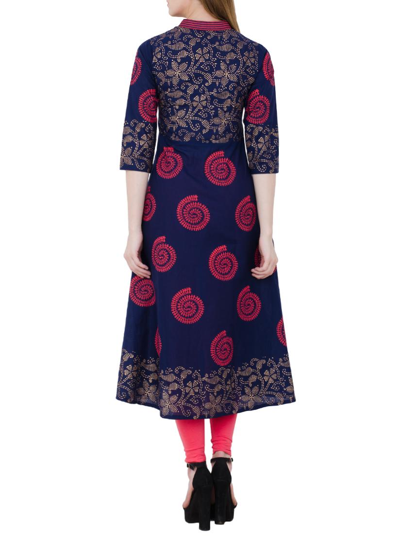 midnight blue cotton block printed flared kurta - 13371900 - Zoom Image - 3