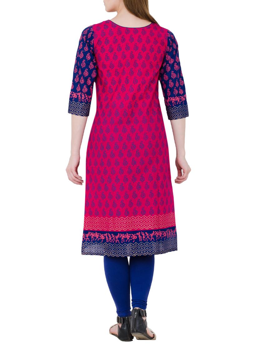 magenta cotton block printed straight kurta - 13371901 - Zoom Image - 3