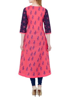 pink and blue cotton block printed a-line kurta - 13371912 - Standard Image - 3
