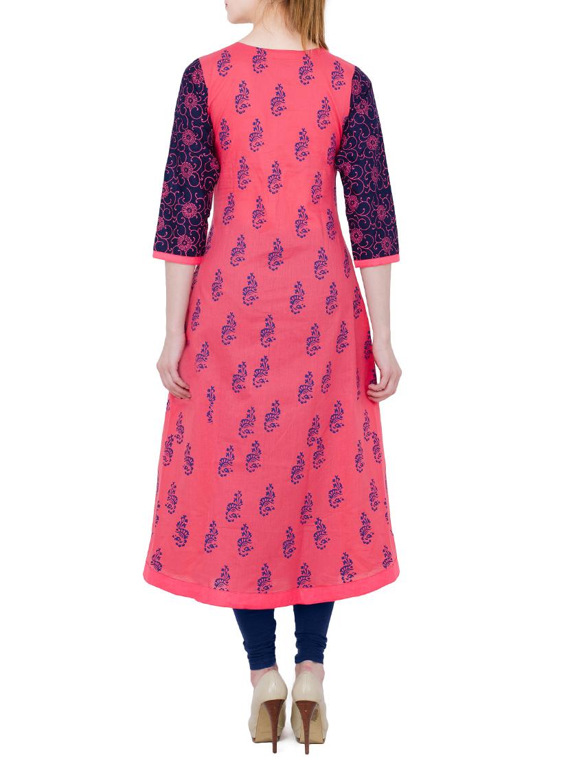 pink and blue cotton block printed a-line kurta - 13371912 - Zoom Image - 3
