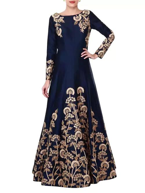 navy blue silk blend semi-stitched gown - 13377044 - Very Small Image - 1