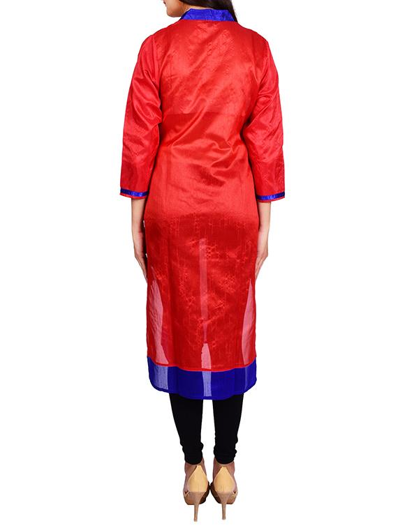red dupion printed straight kurta - 13377115 - Zoom Image - 3