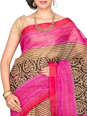 pink cotton blend printed saree with blouse - 13408702 - Standard Image - 3
