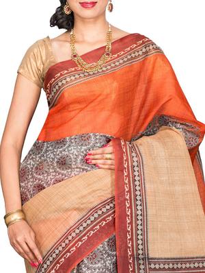 orange cotton blend printed saree with blouse - 13408711 - Standard Image - 3