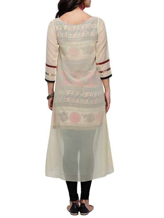 beige georgette printed high-low kurta - 13410512 - Zoom Image - 3