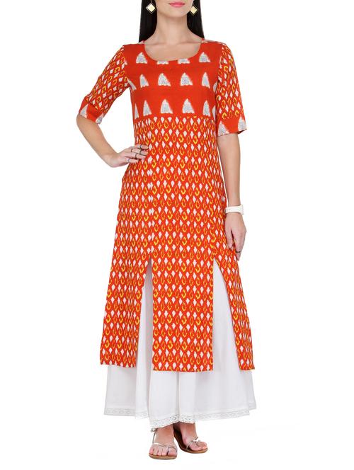 Orange printed rayon kurta - 13411462 - Very Small Image - 1
