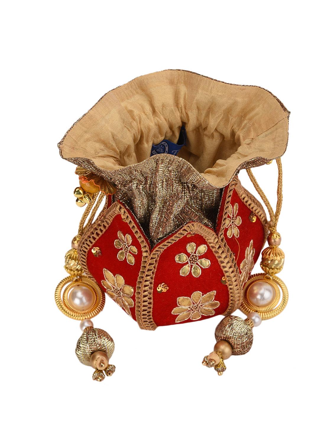 Red gota patti work potli bag - 13422676 - Zoom Image - 3