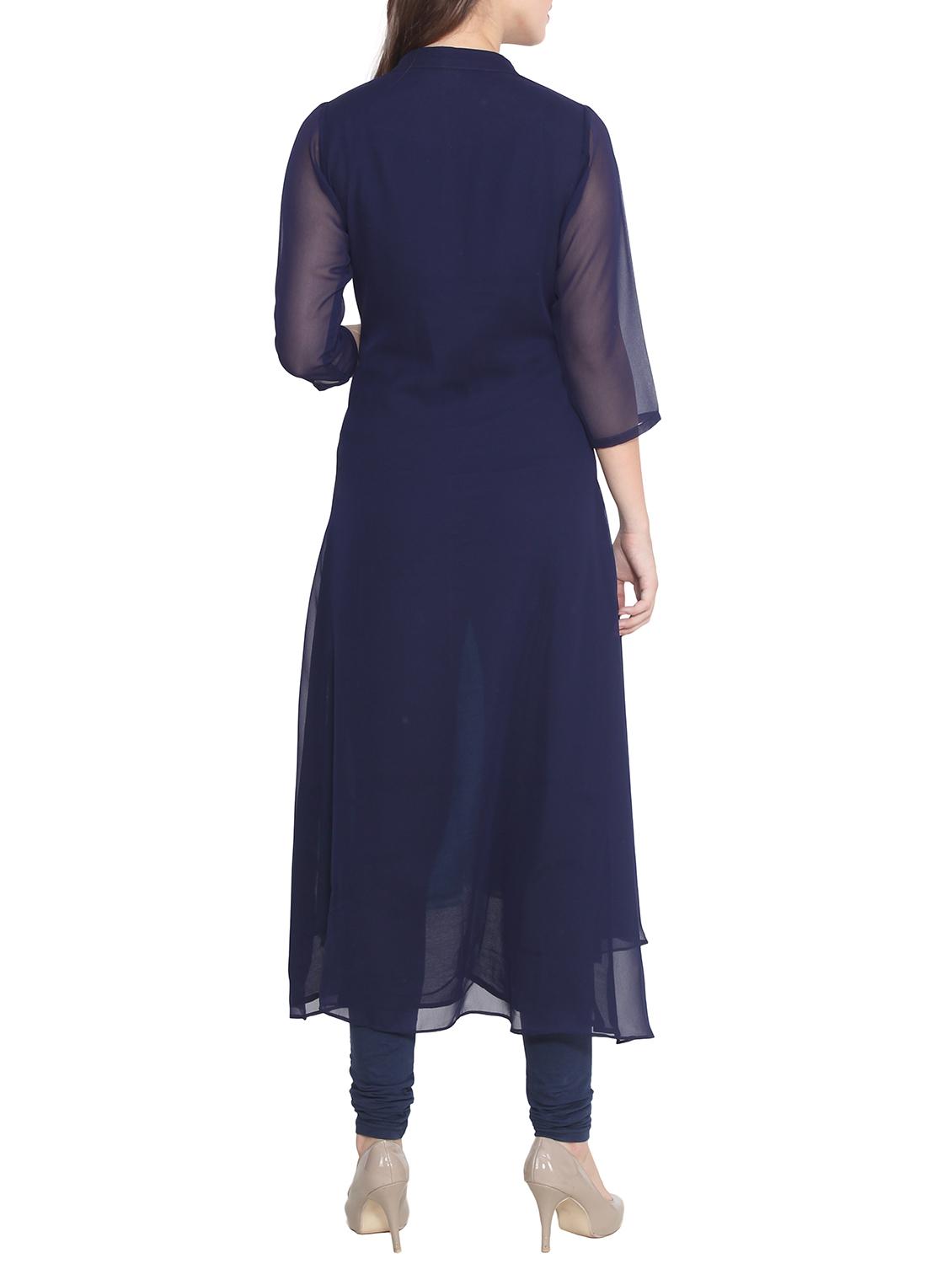 blue poly georgette printed a-line kurta - 13443580 - Zoom Image - 3