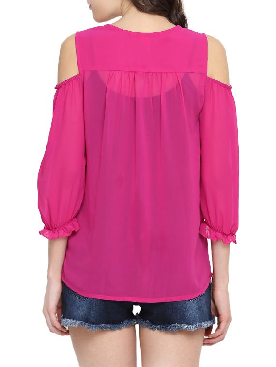 pink georgette cold shoulder shirt - 13601688 - Zoom Image - 3