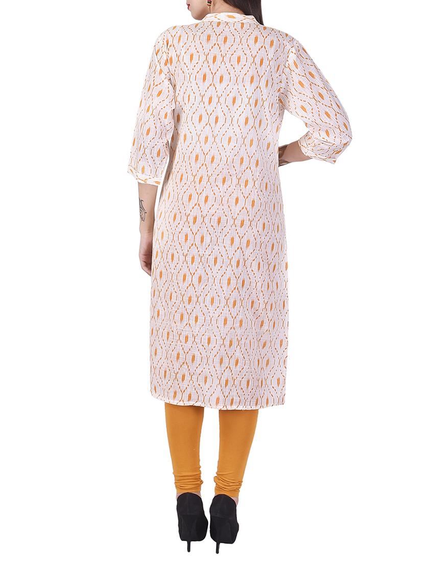 cream cotton ikat printed straight kurta - 13656110 - Zoom Image - 3