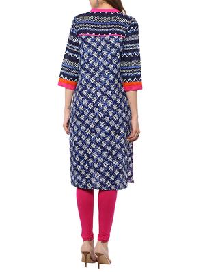 blue cotton printed straight kurta - 13750806 - Standard Image - 3