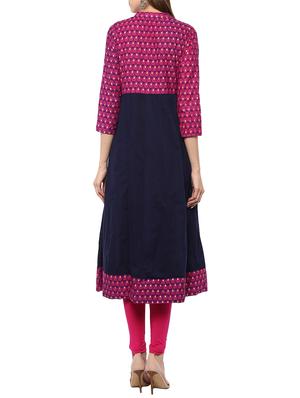 blue cotton printed a-line kurta - 13750811 - Standard Image - 3