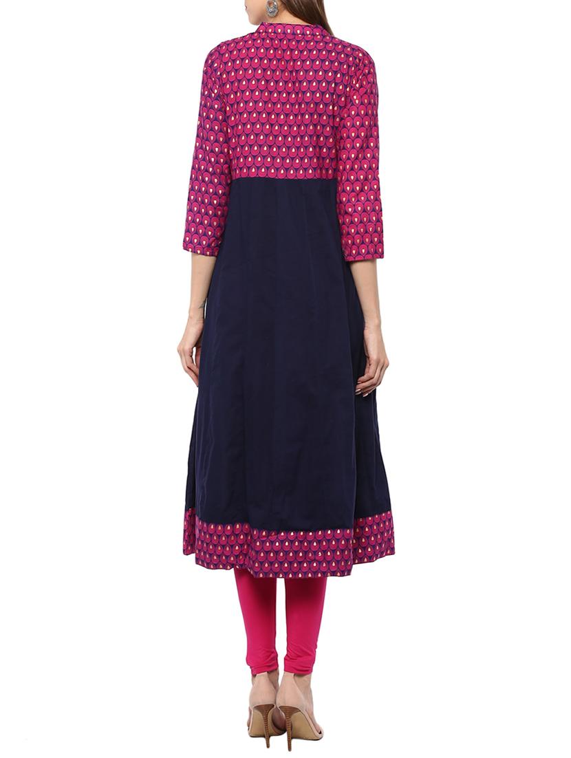 blue cotton printed a-line kurta - 13750811 - Zoom Image - 3