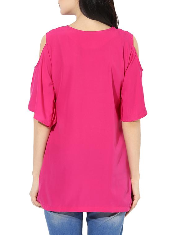 pink poly crepe cold shoulder top - 13807640 - Zoom Image - 3