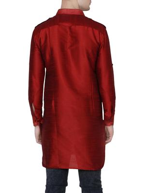 solid red silk blend kurta - 13882658 - Standard Image - 3